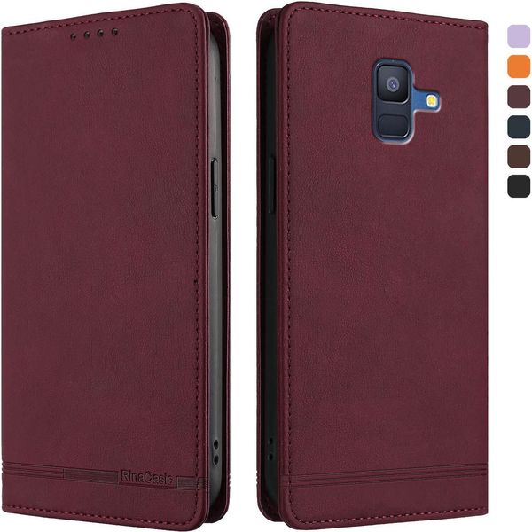 Custodia Per Samsung Galaxy A6 2018, Retro Custodia Flip In Finto Cuoio Con Supporto E Slot Per Carte Di Credito Rosso-image