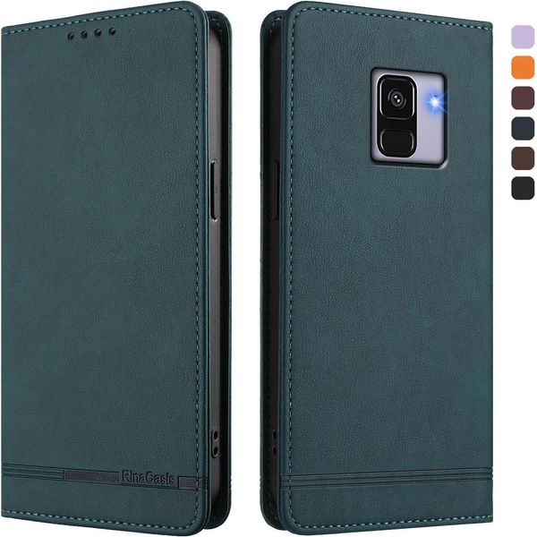 Custodia Per Samsung Galaxy A8 2018, Retro Custodia Flip In Finto Cuoio Con Supporto E Slot Per Carte Verde-image