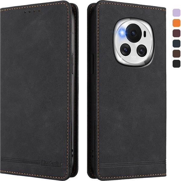 Custodia Per Honor Magic6, Flip Case In Finto Cuoio Retrò Con Supporto E Slot Per Carte Nero-image