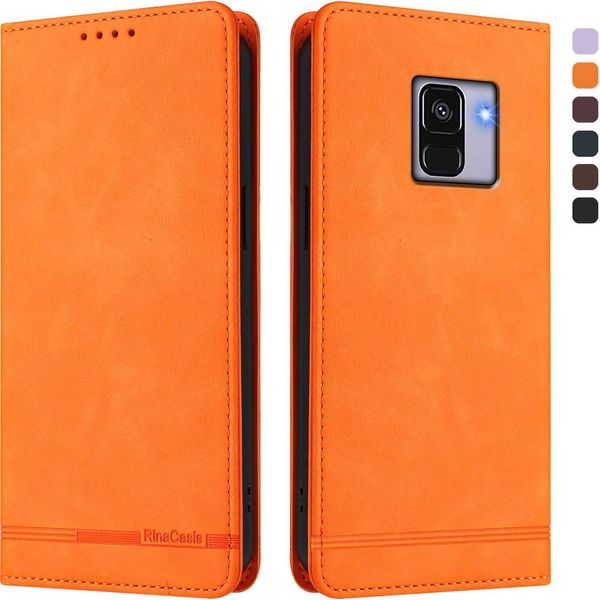 Custodia Per Samsung Galaxy A8 2018, Retro Custodia Flip In Finto Cuoio Con Supporto E Slot Per Schede Arancione-image