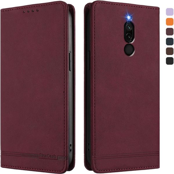 Custodia Per Xiaomi Redmi 8/Redmi 8A, Retro Custodia In Finto Cuoio Flip Con Supporto E Slot Per Carte Rosso-image