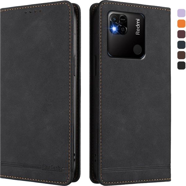 Custodia Per Xiaomi Redmi 10A/Redmi 9C, Retro Custodia In Finto Cuoio Flip Con Supporto E Slot Per Schede Nero-image