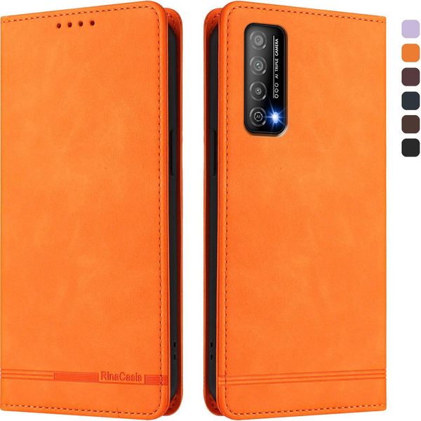 Custodia Per Huawei Y7A, Custodia Retro In Finto Cuoio Con Supporto E Slot Per Schede Arancione-image