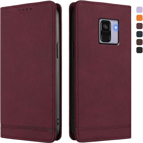 Custodia Per Samsung Galaxy A8 2018, Retro Custodia Flip In Finto Cuoio Con Supporto E Slot Per Carte Rosso-image