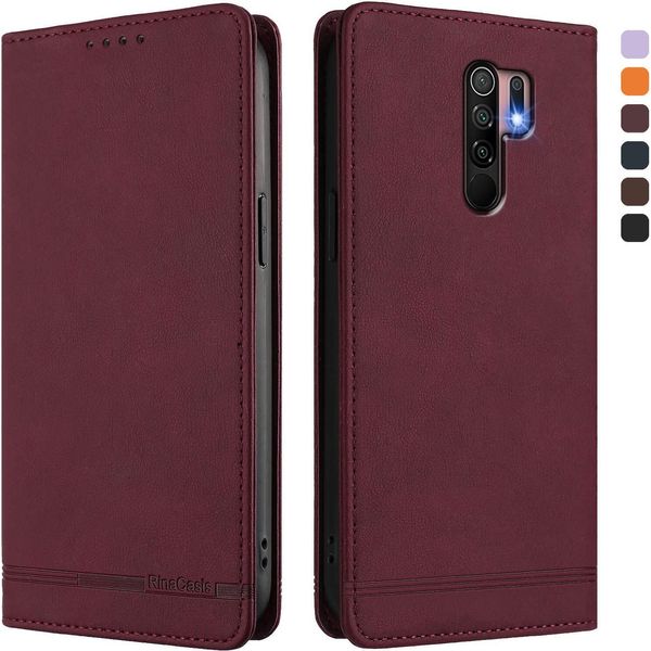 Custodia Per Xiaomi Redmi 9, Custodia Retro In Finto Cuoio Flip Con Supporto E Slot Per Carte Rosso-image
