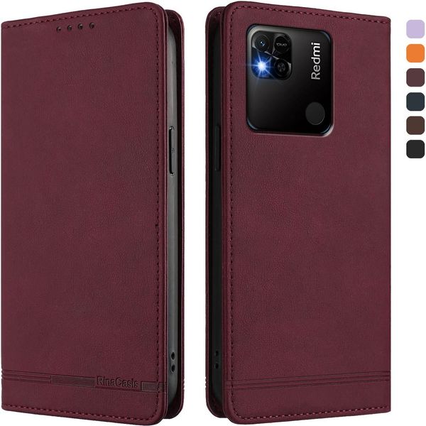 Custodia Per Xiaomi Redmi 10A/Redmi 9C, Retro Custodia In Finto Cuoio Flip Con Supporto E Slot Per Carte Rosso-image
