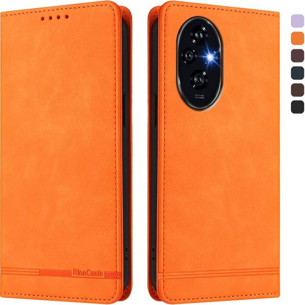 Custodia Per Honor 200, Flip Case In Finto Cuoio Retrò Con Supporto E Slot Per Carte Di Credito Arancione-image