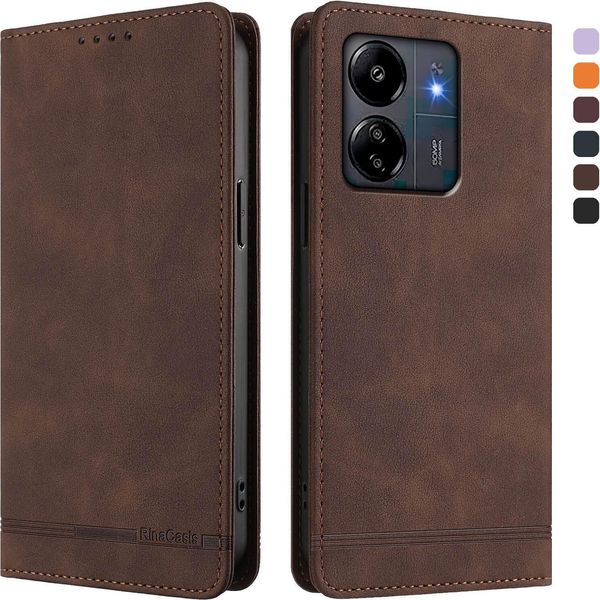 Custodia Per Xiaomi Poco M6 5G/C65/Redmi 13C, Retro Custodia In Finto Cuoio Flip Con Supporto E Slot Per Schede Brown-image