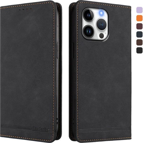 Custodia Per Iphone 16 Pro Max, Custodia Retro In Finto Cuoio Con Supporto E Slot Per Carte Di Credito Nero-image