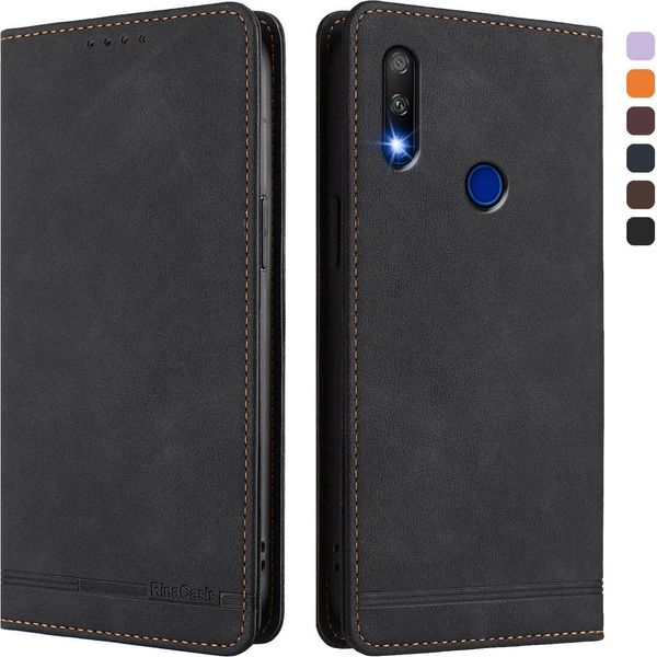 Custodia Per Honor 9X, Flip Case In Finto Cuoio Retrò Con Supporto E Slot Per Carte Di Credito Nero-image