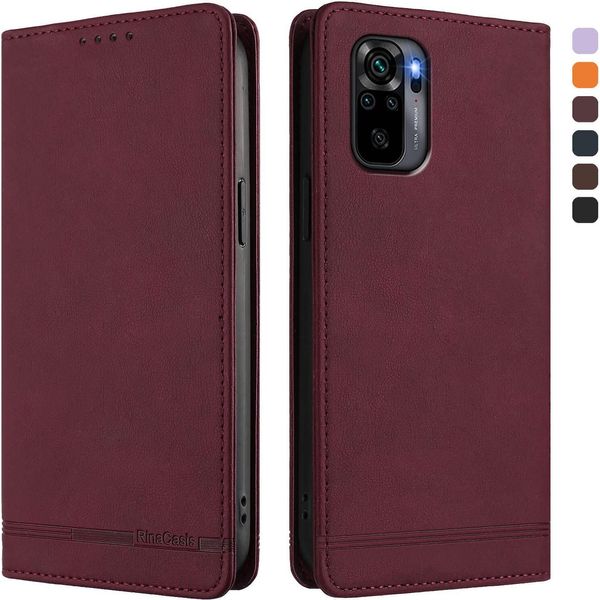 Custodia Per Xiaomi Redmi Note 10S/Note 10 4G, Retro Custodia In Finto Cuoio Flip Con Supporto E Slot Per Schede Rosso-image