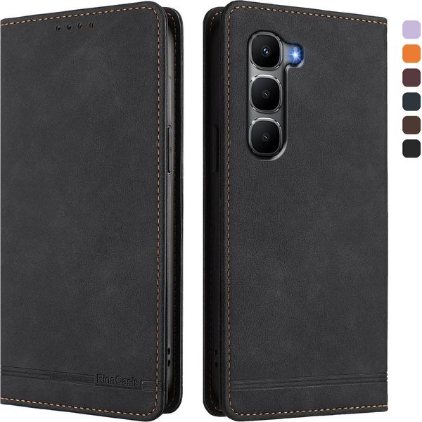 Custodia Per Infinix Hot 60 5G/Hot 60I 4G, Custodia Retro In Finto Cuoio Con Supporto E Slot Per Schede Nero-image