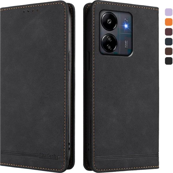 Custodia Per Xiaomi Poco M6 5G/C65/Redmi 13C, Retro Custodia Flip In Finto Cuoio Con Supporto E Slot Per Schede Nero-image