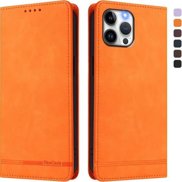 Custodia Per Iphone 12 Pro Max, Custodia Retro In Finto Cuoio Con Supporto E Slot Per Carte Di Credito Arancione-image