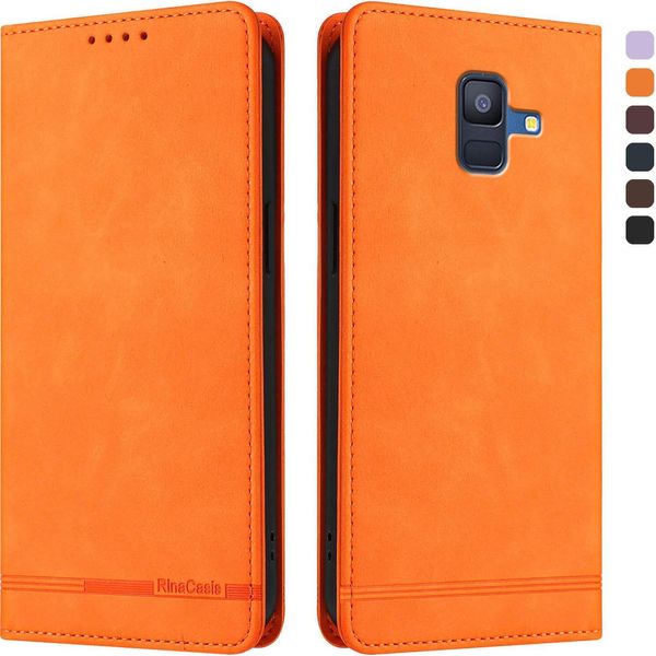 Custodia Per Samsung Galaxy A6 2018, Retro Custodia Flip In Finto Cuoio Con Supporto E Slot Per Schede Arancione-image