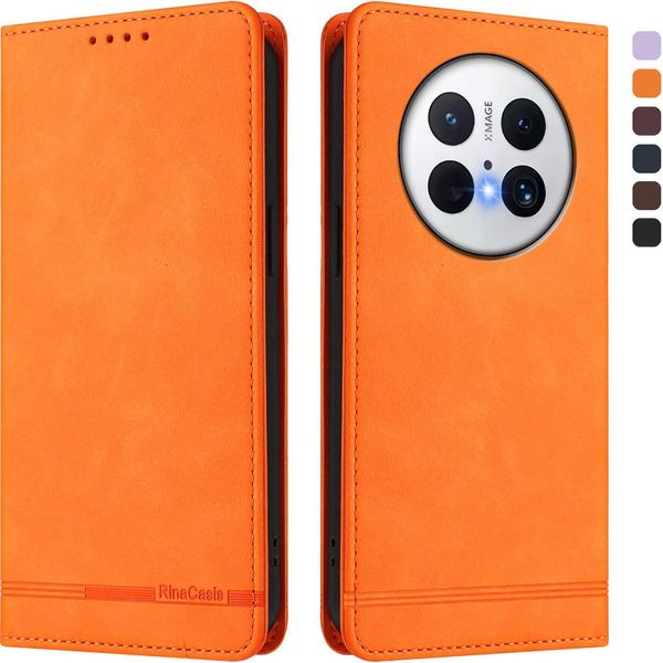 Custodia Per Huawei Mate 70, Flip Case In Finto Cuoio Retrò Con Supporto E Slot Per Carte Di Credito Arancione-image