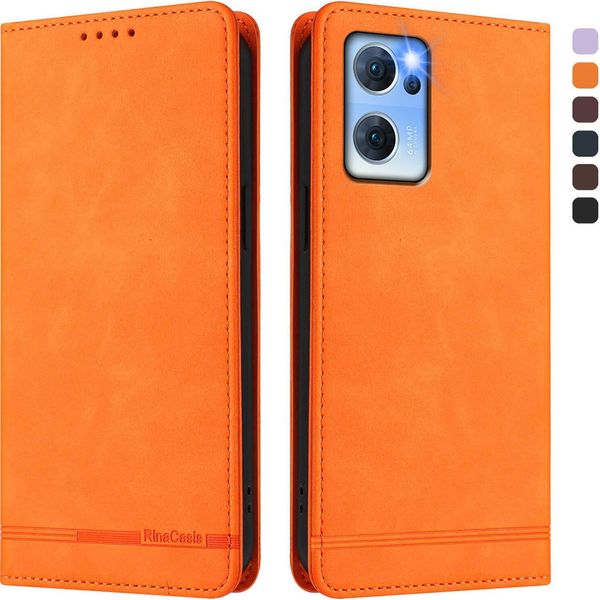 Custodia Per Oppo Reno7 5G, Custodia Retro In Finto Cuoio Flip Con Supporto E Slot Per Carte Orange-image