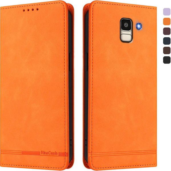 Custodia Per Samsung Galaxy J6 2018, Retro Custodia Flip In Finto Cuoio Con Supporto E Slot Per Schede Arancione-image