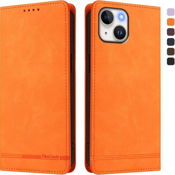 Custodia Per Iphone 14/Iphone 13, Custodia Retro In Finto Cuoio Con Supporto E Slot Per Carte Di Credito Arancione-image