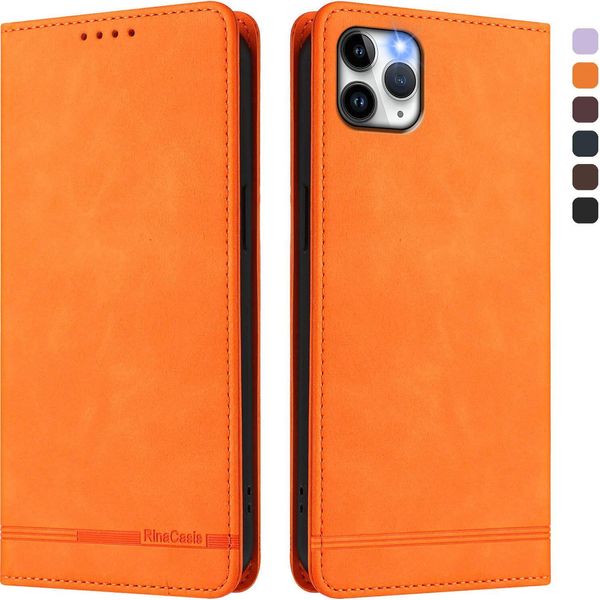 Custodia Per Iphone 11 Pro Max, Custodia Retro In Finto Cuoio Con Supporto E Slot Per Carte Di Credito Arancione-image