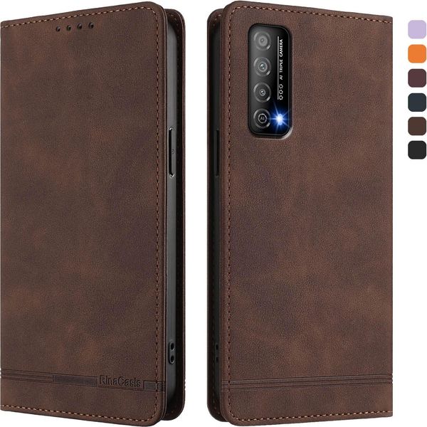 Custodia Per Huawei Y7A, Retro In Finto Cuoio Flip Case Con Supporto E Slot Per Schede Brown-image