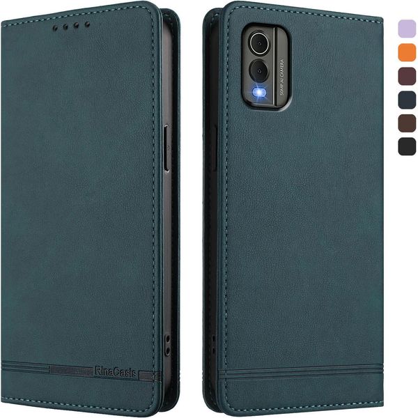 Custodia Per Nokia C32, Flip Case In Finto Cuoio Retrò Con Supporto E Slot Per Carte Di Credito Verde-image