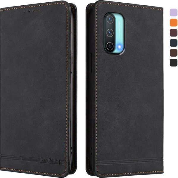 Custodia Per Oneplus Nord Ce 5G, Custodia Retro In Finto Cuoio Flip Con Supporto E Slot Per Schede Nero-image