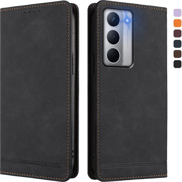Custodia Per Realme Narzo 80X, Custodia Retro In Finto Cuoio Con Supporto E Slot Per Carte Di Credito Nero-image