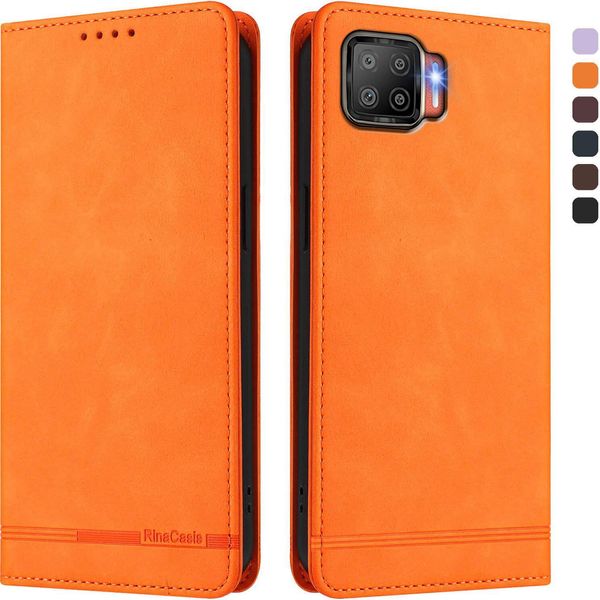Custodia Per Oppo F17, Custodia Retro In Finto Cuoio Flip Con Supporto E Slot Per Carte Di Credito Arancione-image