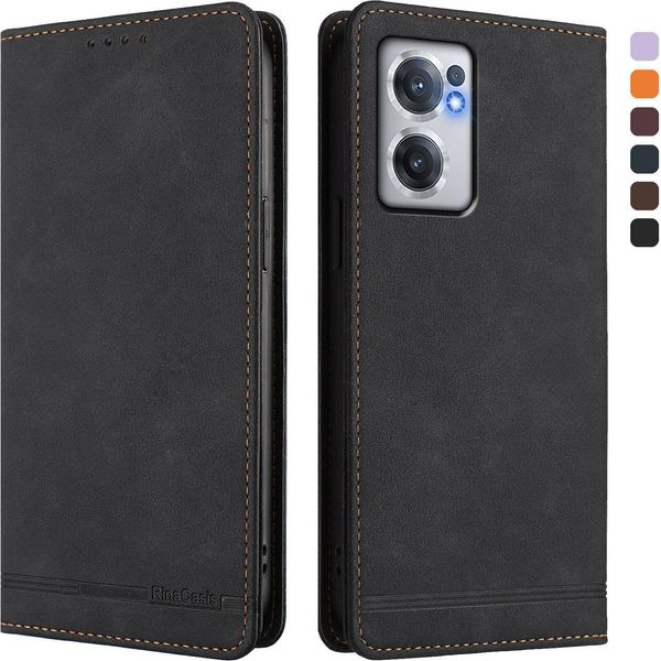 Custodia Per Oneplus Nord Ce 2 5G, Retro Custodia Flip In Finto Cuoio Con Supporto E Slot Per Schede Nero-image