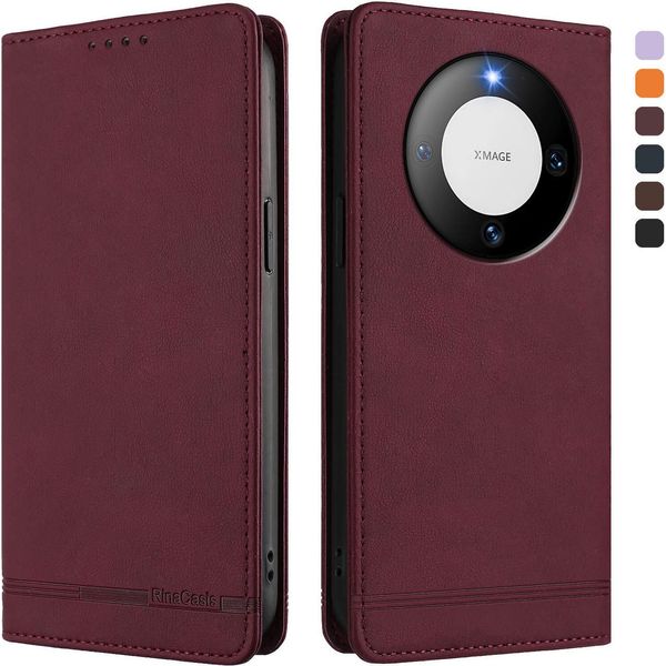 Custodia Per Huawei Mate 60, Custodia Retro In Finto Cuoio Con Supporto E Slot Per Carte Rosso-image
