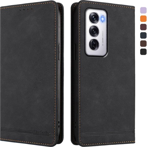 Custodia Per Oppo Reno12 5G, Custodia Retro In Finto Cuoio Flip Con Supporto E Slot Per Schede Nero-image