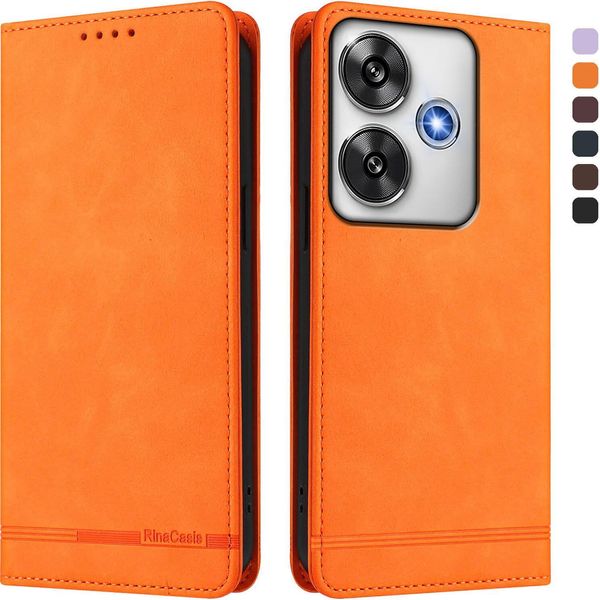 Custodia Per Xiaomi Poco F6, Retro Custodia In Finto Cuoio Flip Con Supporto E Slot Per Carte Arancione-image