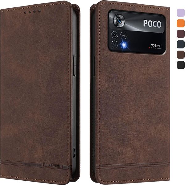 Custodia Per Xiaomi Poco X4 Pro 5G, Retro Custodia In Finto Cuoio Flip Con Supporto E Slot Per Schede Brown-image