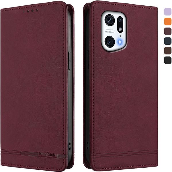 Custodia Per Oppo Find X5 Pro, Custodia Retro In Finto Cuoio Flip Con Supporto E Slot Per Carte Rosso-image