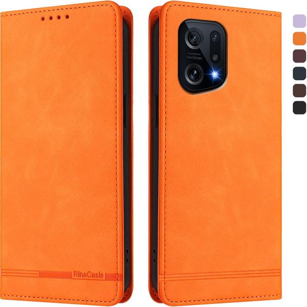 Custodia Per Oppo Find X5, Custodia Retro In Finto Cuoio Flip Con Supporto E Slot Per Carte Arancione-image