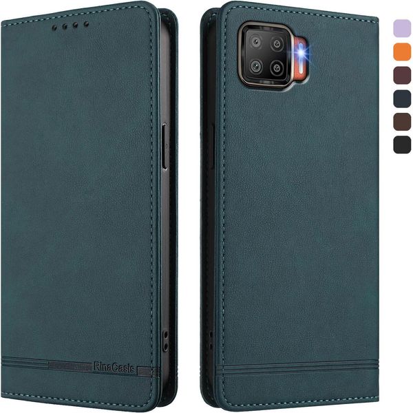 Custodia Per Oppo F17, Custodia Retro In Finto Cuoio Flip Con Supporto E Slot Per Carte Verde-image