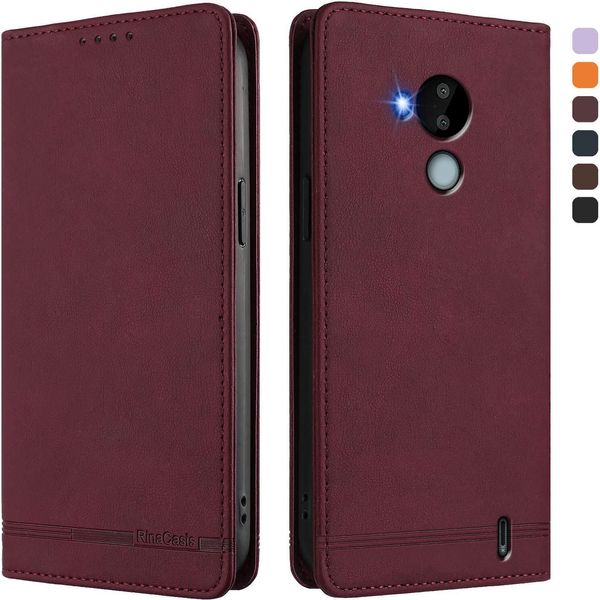 Custodia Per Nokia C30, Flip Case In Finto Cuoio Retrò Con Supporto E Slot Per Carte Di Credito Rosso-image