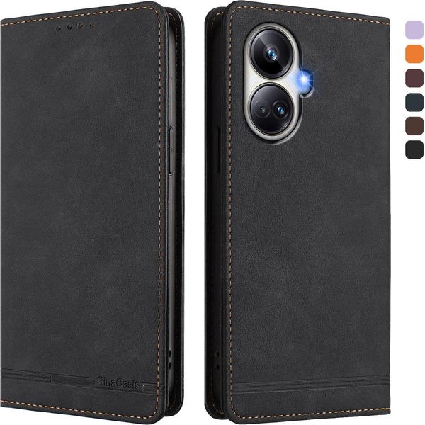 Custodia Per Realme 10 Pro+, Custodia Retro In Finto Cuoio Flip Con Supporto E Slot Per Carte Nero-image