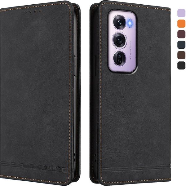 Custodia Per Oppo Reno12 Pro 5G, Custodia Retro In Finto Cuoio Con Supporto E Slot Per Carte Nero-image