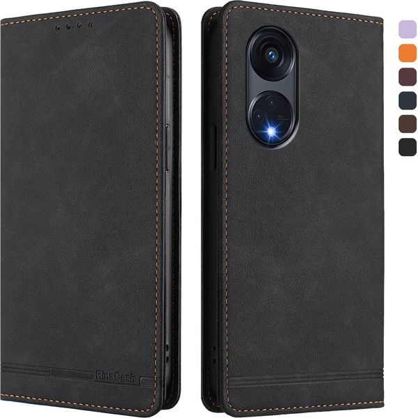 Custodia Per Oppo Reno8 T 5G, Retro Custodia In Finto Cuoio Flip Con Supporto E Slot Per Carte Nero-image