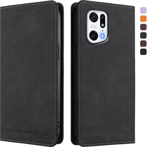 Custodia Per Oppo Find X5 Pro, Custodia Retro In Finto Cuoio Flip Con Supporto E Slot Per Carte Nero-image