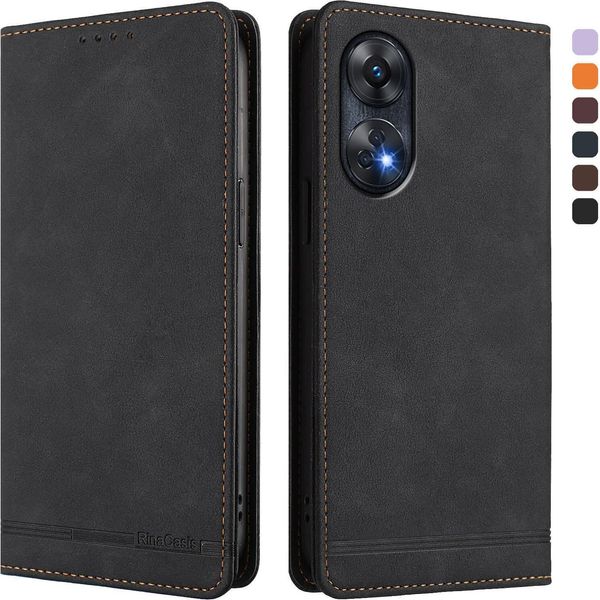 Custodia Per Oppo Reno8 T 4G, Custodia Retro In Finto Cuoio Flip Con Supporto E Slot Per Schede Nero-image