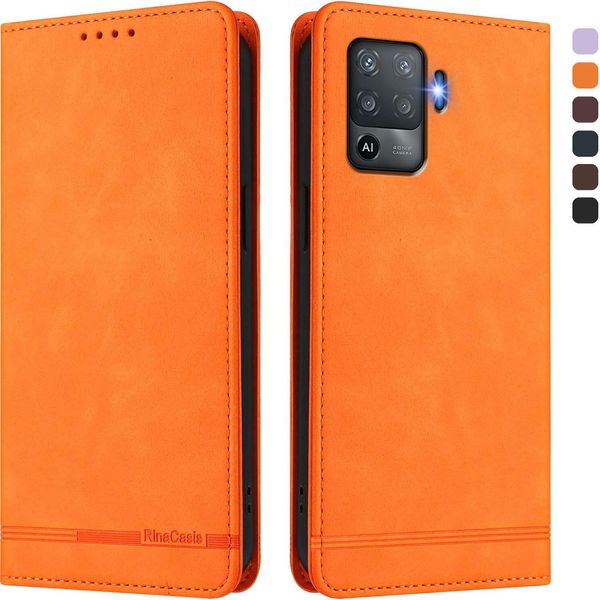 Custodia Per Oppo F19 Pro, Custodia Retro In Finto Cuoio Flip Con Supporto E Slot Per Carte Arancione-image