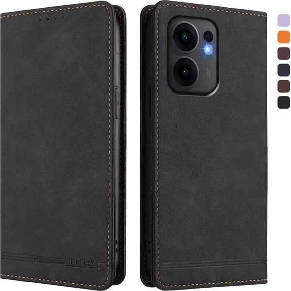 Custodia Per Oppo Reno13 F 5G, Retro Custodia In Finto Cuoio Flip Con Supporto E Slot Per Schede Nero-image