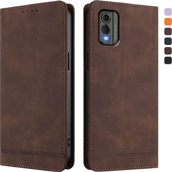 Custodia Per Nokia C32, Flip Case In Finto Cuoio Retrò Con Supporto E Slot Per Carte Di Credito Marrone-image