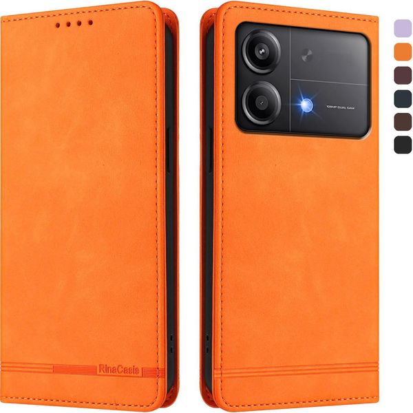 Custodia Per Xiaomi Poco X6 Neo, Retro Custodia In Finto Cuoio Flip Con Supporto E Slot Per Carte Arancione-image