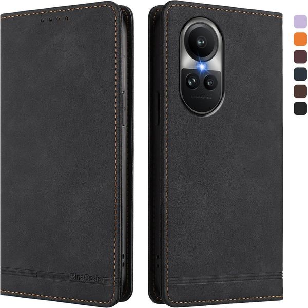 Custodia Per Oppo Reno10 /Reno10 Pro 5G, Retro Custodia In Finto Cuoio Flip Con Supporto E Slot Per Schede Nero-image