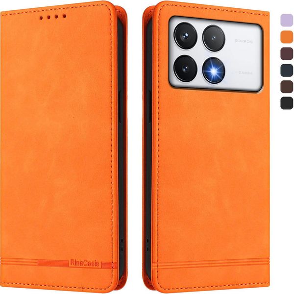 Custodia Per Xiaomi Poco F6 Pro, Retro Custodia In Finto Cuoio Flip Con Supporto E Slot Per Carte Orange-image