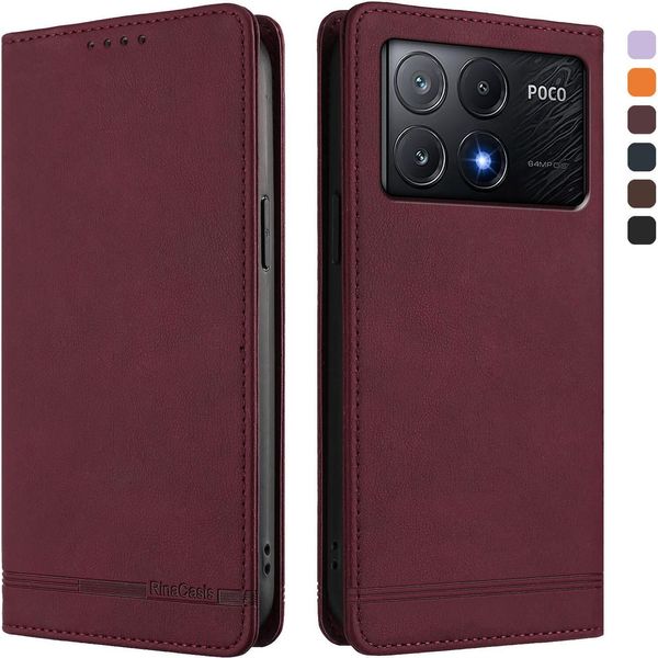 Custodia Per Xiaomi Poco X6 Pro, Retro Custodia In Finto Cuoio Flip Con Supporto E Slot Per Carte Rosso-image